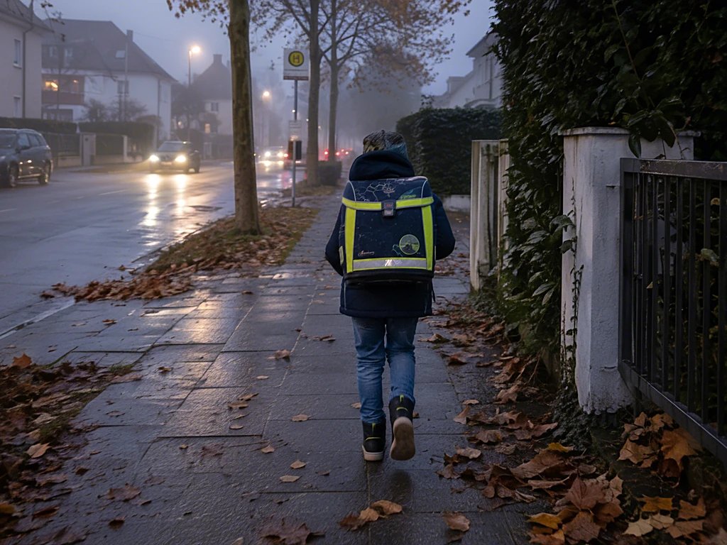 Kind mit reflektierendem Schulranzen auf nassem Gehweg in der Dämmerung, von hinten